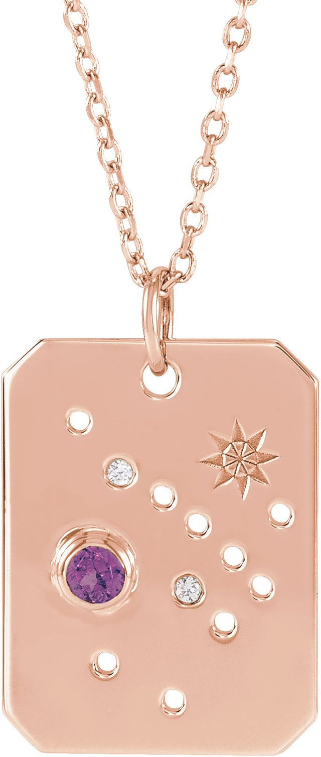 14K Gold Round Natural Amethyst & Natural Diamond Sagittarius Constellation Necklace or Pendant - Rose Gold