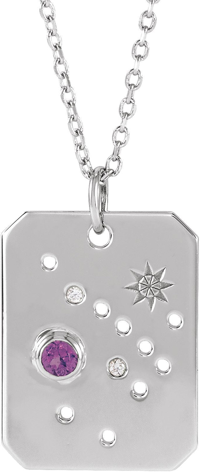 14K Gold Round Natural Amethyst & Natural Diamond Sagittarius Constellation Necklace or Pendant - White Gold