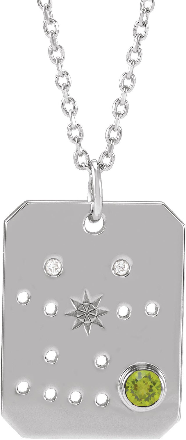 Platinum Round Natural Peridot & Natural Diamond Gemini Constellation Necklace or Pendant