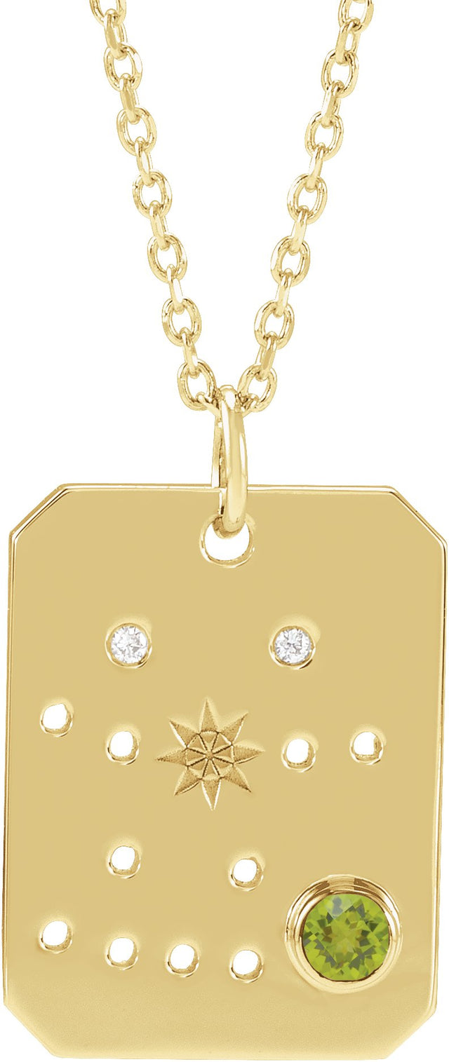 14K Gold Round Natural Peridot & Natural Diamond Gemini Constellation Necklace or Pendant - Yellow Gold
