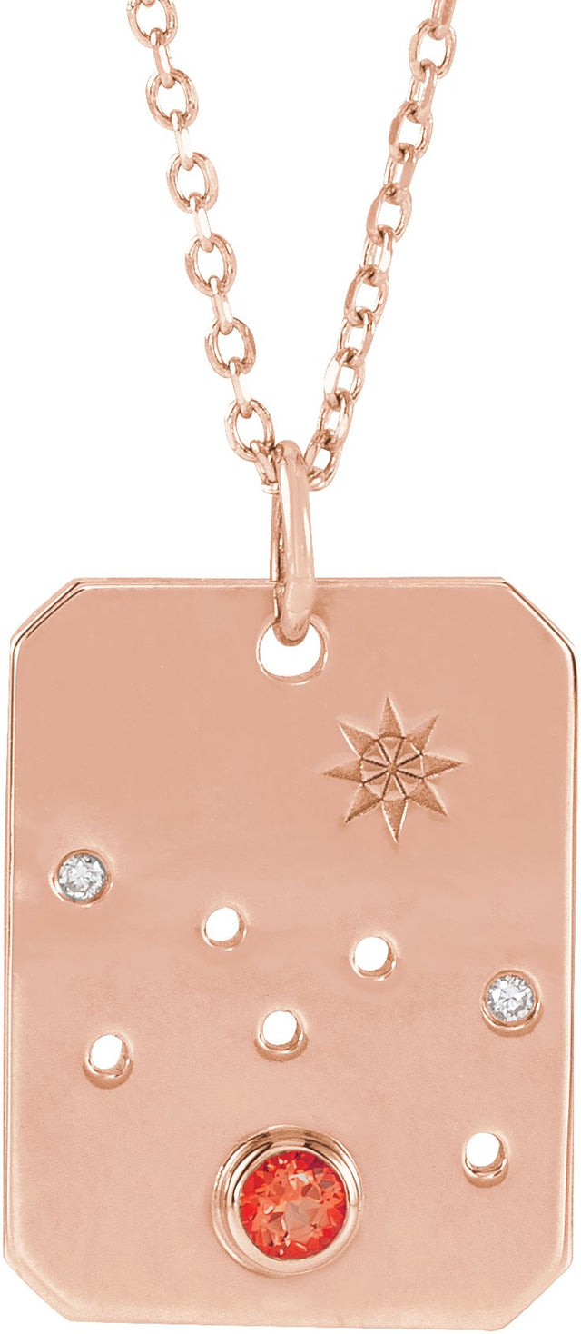 14K Gold Round Natural Mexican Fire Opal & Natural Diamond Taurus Constellation Necklace or Pendant - Rose Gold