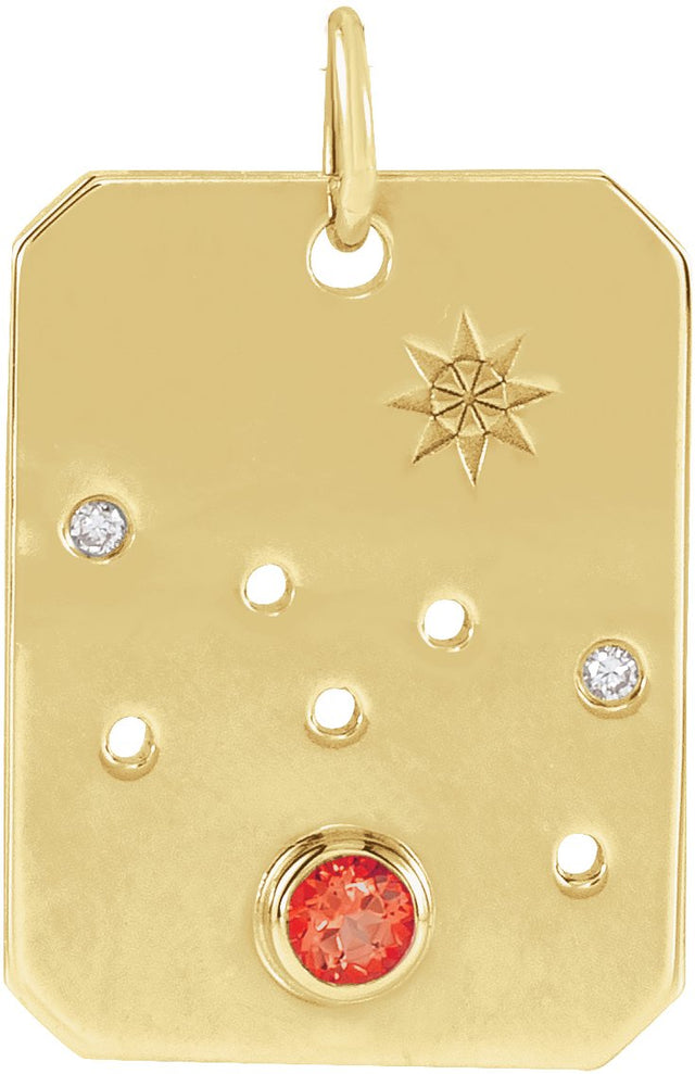 14K Gold Round Natural Mexican Fire Opal & Natural Diamond Zodiac Constellation Necklace or Pendant - Yellow Gold