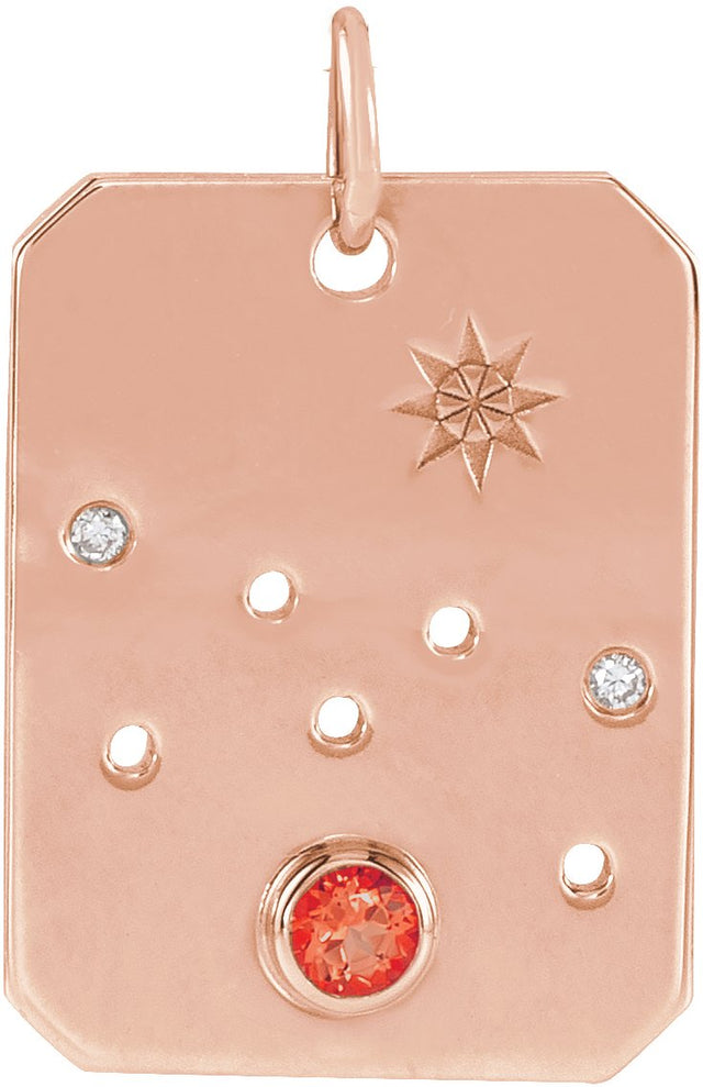 14K Gold Round Natural Mexican Fire Opal & Natural Diamond Zodiac Constellation Necklace or Pendant - Rose Gold