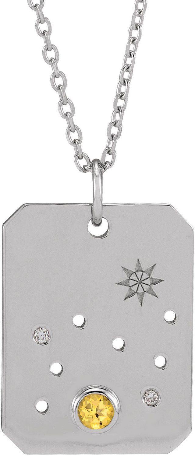 14K Gold Round Natural Citrine & Natural Diamond Leo Constellation Necklace or Pendant - White Gold