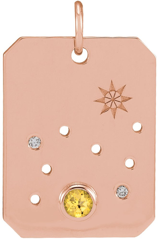 14K Gold Round Natural Citrine & Natural Diamond Zodiac Constellation Necklace or Pendant - Rose Gold