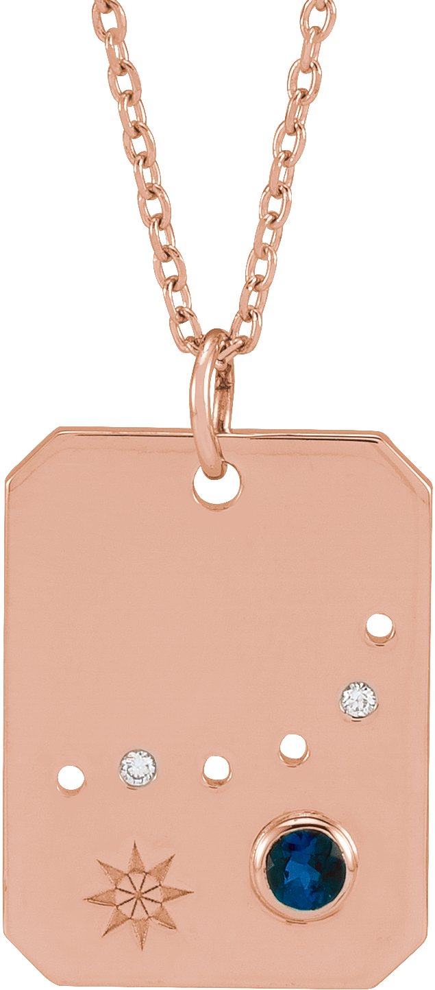14K Gold Round Natural Blue Sapphire & Natural Diamond Capricorn Constellation Necklace or Pendant - Rose Gold