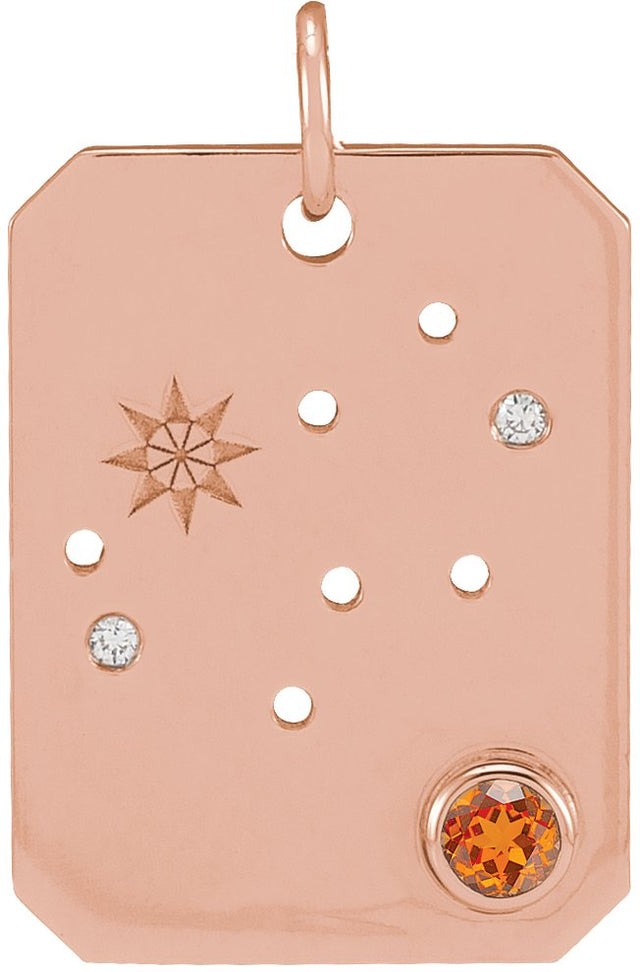 14K Gold Round Natural Spessartite Garnet & Natural Diamond Zodiac Constellation Necklace or Pendant - Rose Gold