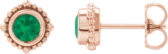 14K Gold Round Natural Emerald Beaded Halo-Style Stud Earrings - Rose Gold