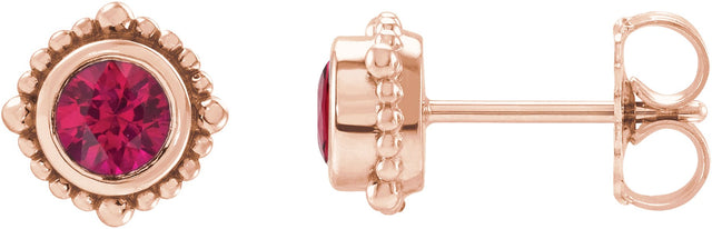 14K Gold Round Natural Ruby Beaded Halo-Style Stud Earrings - Rose Gold