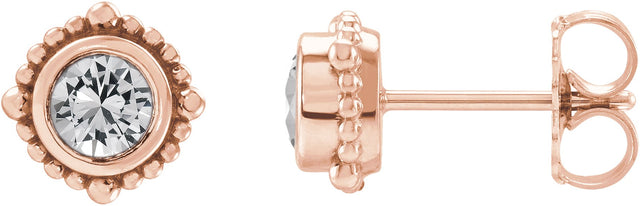 14K Gold Round Natural White Sapphire Beaded Halo-Style Stud Earrings - Rose Gold