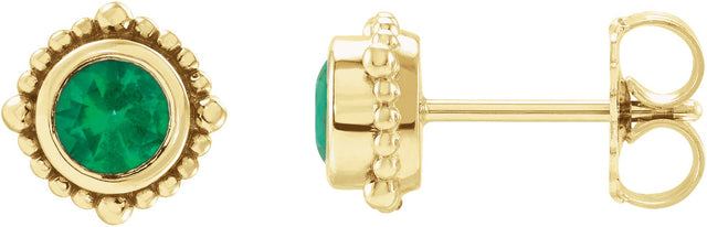 14K Gold Round Natural Emerald Beaded Halo-Style Stud Earrings - Yellow Gold