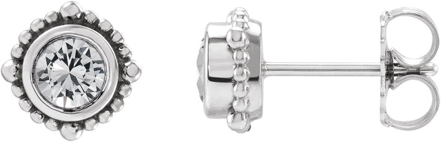 Platinum Round Natural White Sapphire Beaded Halo-Style Stud Earrings