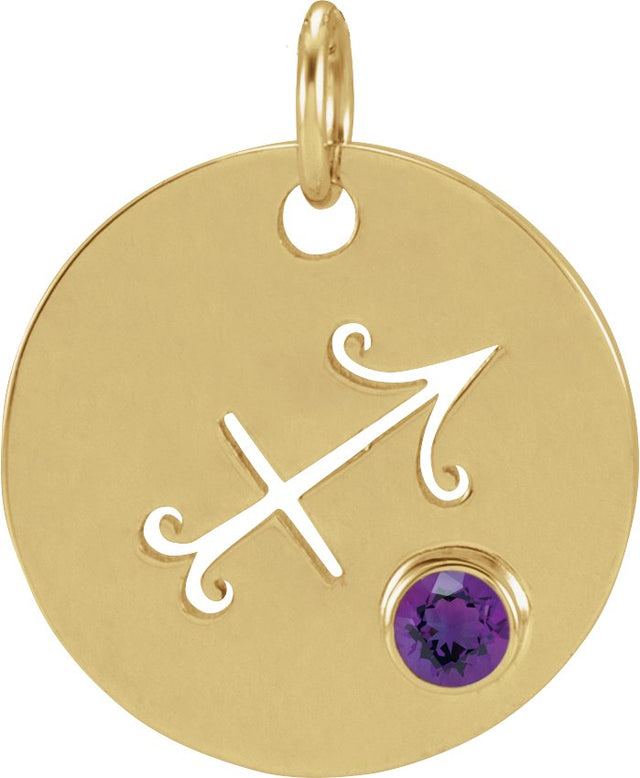 14K Gold Round Natural Amethyst Zodiac Disc Necklace or Pendant - Yellow Gold