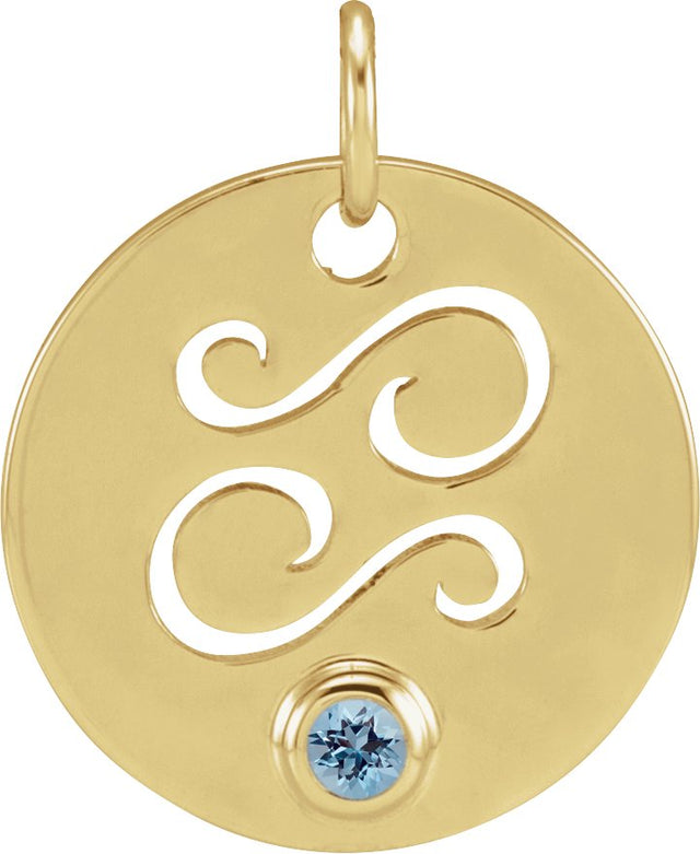 14K Gold Round Natural Aquamarine Zodiac Disc Necklace or Pendant - Yellow Gold