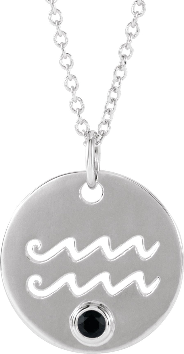 Platinum Round Natural Black Spinel Aquarius Disc Necklace or Pendant