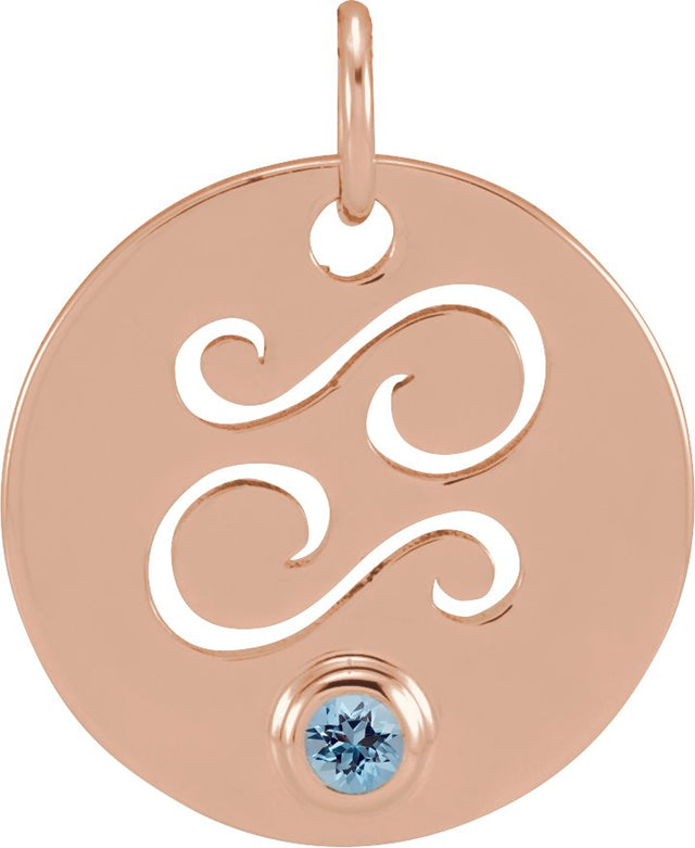 14K Gold Round Natural Aquamarine Zodiac Disc Necklace or Pendant - Rose Gold
