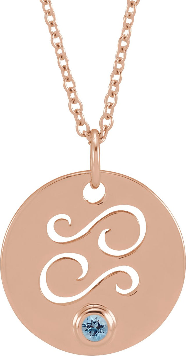 14K Gold Round Natural Aquamarine Cancer Disc Necklace or Pendant - Rose Gold