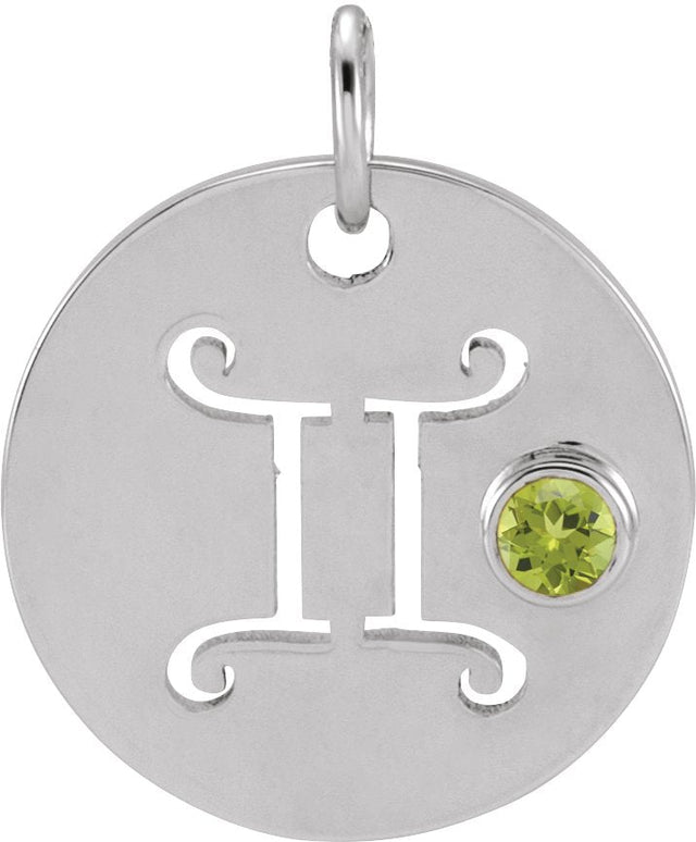 Platinum Round Natural Peridot Zodiac Disc Necklace or Pendant