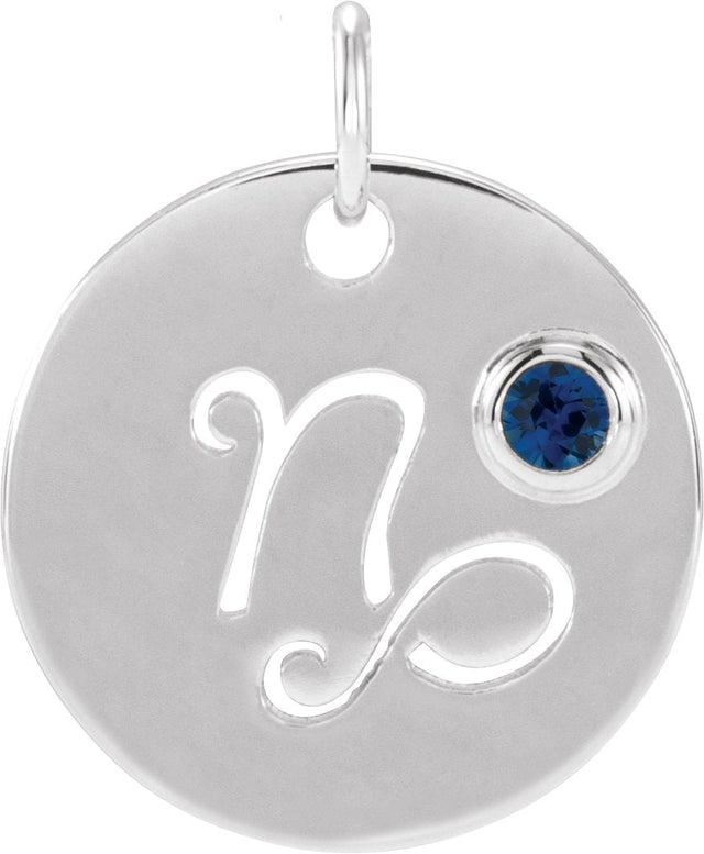 14K Gold Round Natural Blue Sapphire Zodiac Disc Necklace or Pendant - White Gold