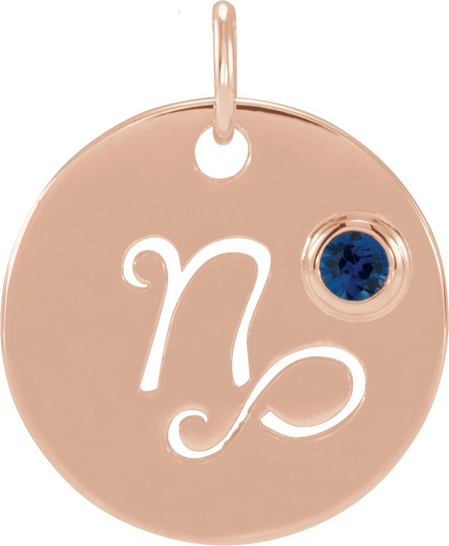 14K Gold Round Natural Blue Sapphire Zodiac Disc Necklace or Pendant - Rose Gold