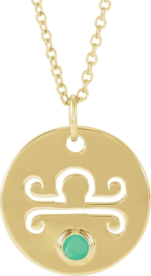 14K Gold Round Natural Green Chrysoprase Libra Disc Necklace or Pendant - Yellow Gold