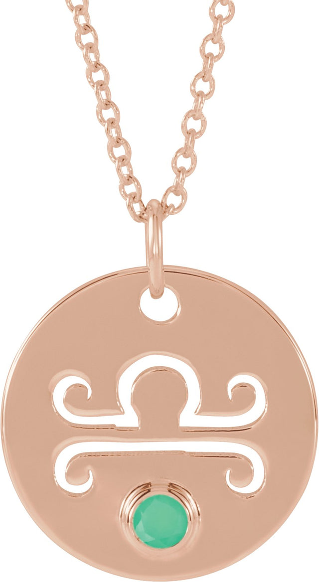 14K Gold Round Natural Green Chrysoprase Libra Disc Necklace or Pendant - Rose Gold