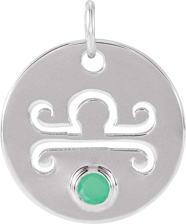 Platinum Round Natural Green Chrysoprase Zodiac Disc Necklace or Pendant