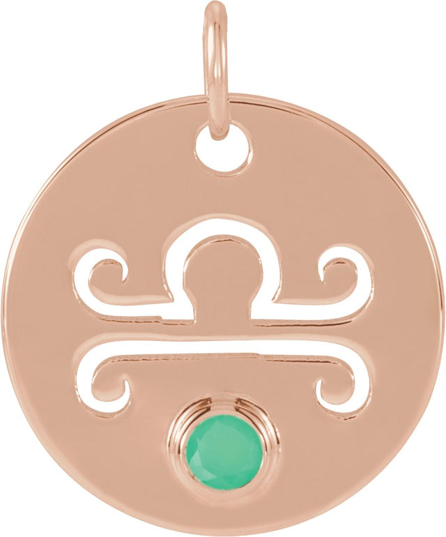 14K Gold Round Natural Green Chrysoprase Zodiac Disc Necklace or Pendant - Rose Gold