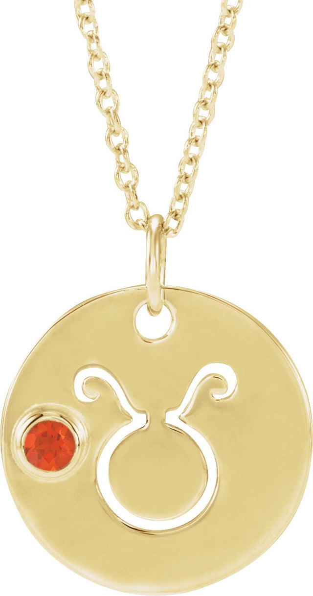 14K Gold Round Natural Mexican Fire Opal Taurus Disc Necklace or Pendant - Yellow Gold