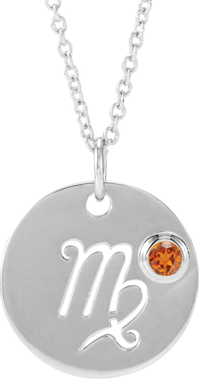 Platinum Round Natural Spessartite Garnet Virgo Disc Necklace or Pendant