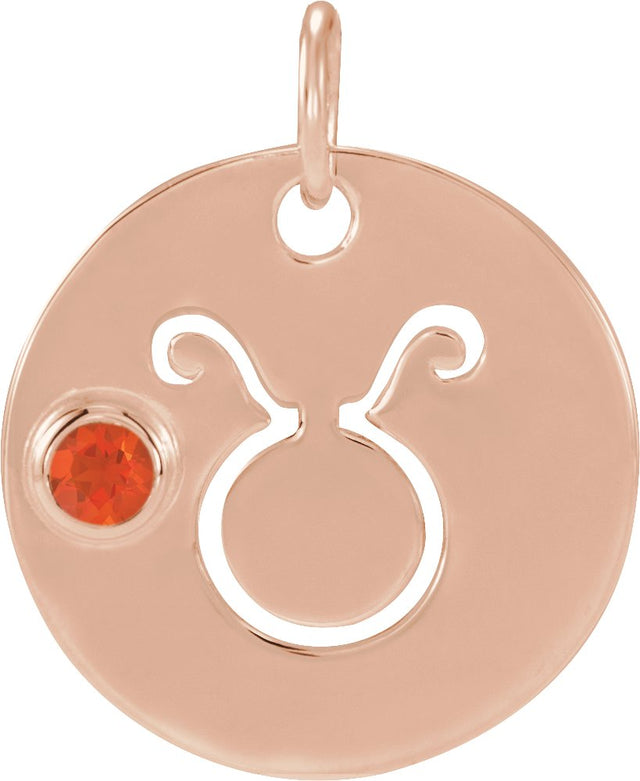 14K Gold Round Natural Mexican Fire Opal Zodiac Disc Necklace or Pendant - Rose Gold