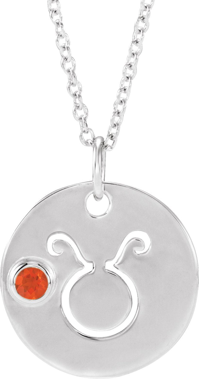 14K Gold Round Natural Mexican Fire Opal Taurus Disc Necklace or Pendant - White Gold