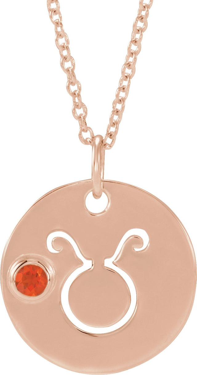 14K Gold Round Natural Mexican Fire Opal Taurus Disc Necklace or Pendant - Rose Gold
