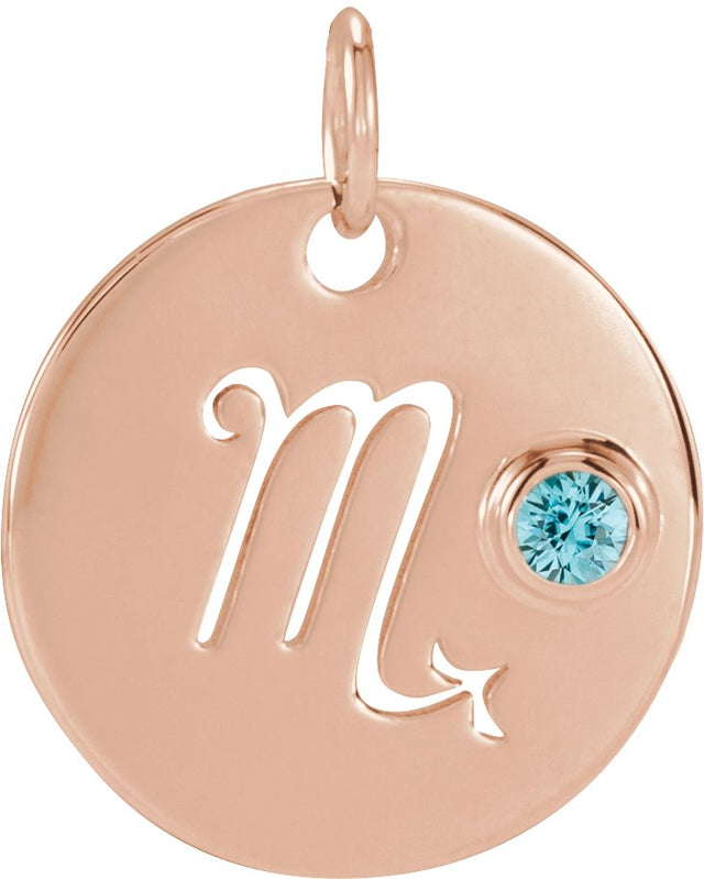 14K Gold Round Natural Blue Zircon Zodiac Disc Necklace or Pendant - Rose Gold