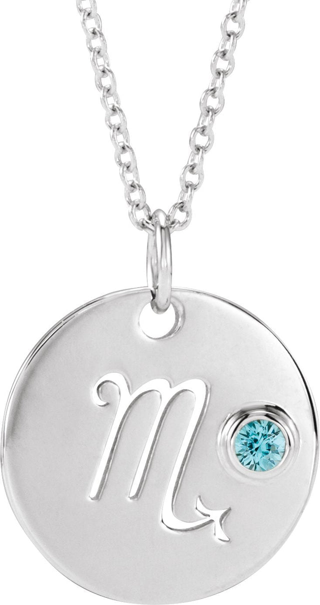 Platinum Round Natural Blue Zircon Scorpio Disc Necklace or Pendant