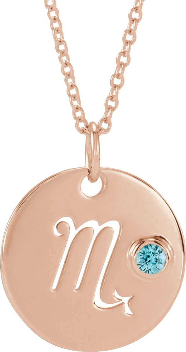 14K Gold Round Natural Blue Zircon Scorpio Disc Necklace or Pendant - Rose Gold