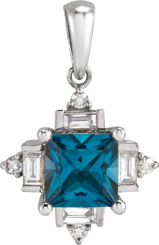 14K Gold Square Natural London Blue Topaz & Natural Diamond Geometric Necklace or Pendant – 1/5 CTW - White Gold