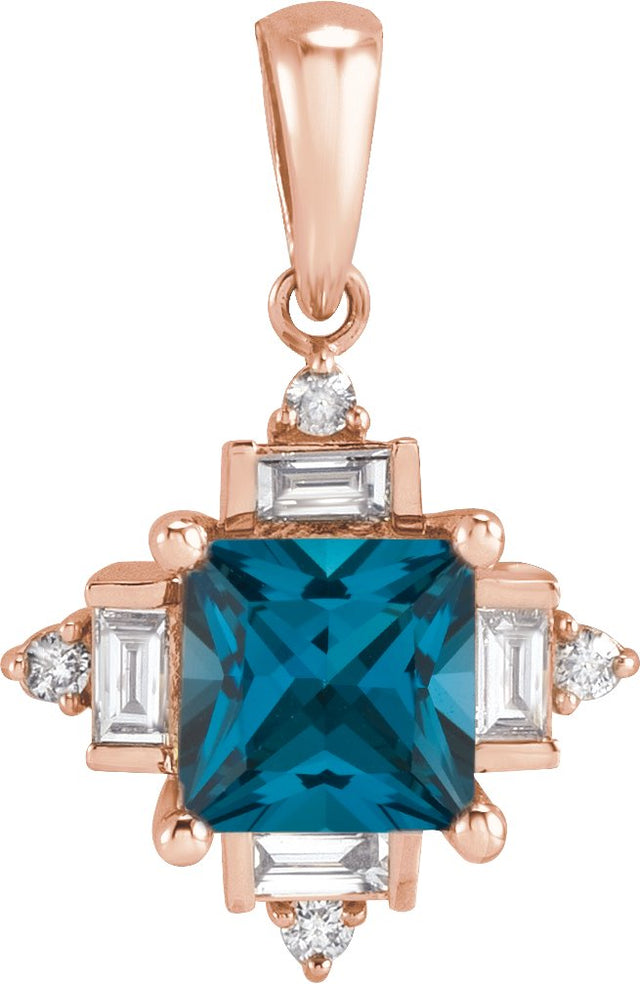 14K Gold Square Natural London Blue Topaz & Natural Diamond Geometric Necklace or Pendant – 1/5 CTW - Rose Gold