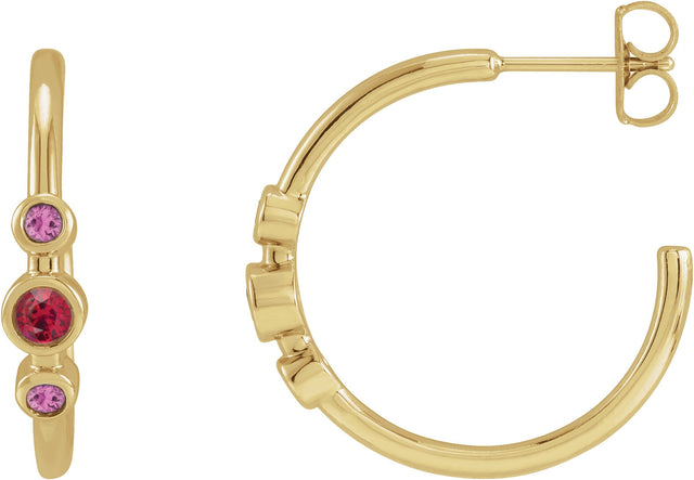 14K Gold Round Natural Ruby & Natural Pink Sapphire Bezel-Set Hoop Earrings - Yellow Gold