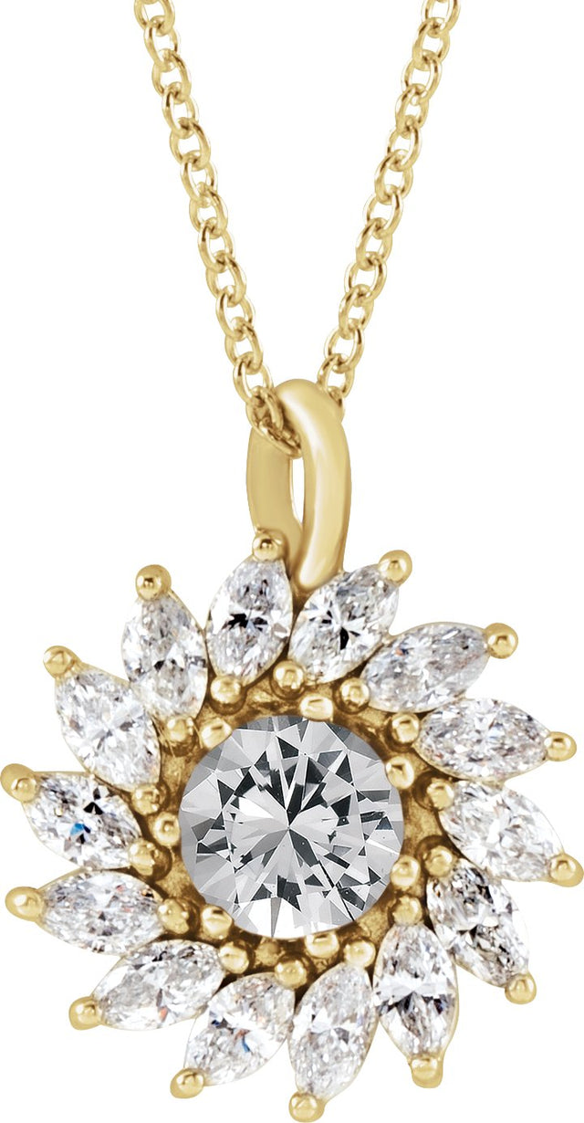 14K Gold Round Natural White Sapphire & Natural Diamond Halo-Style Necklace or Pendant – 3.5-6mm Stones - Yellow Gold