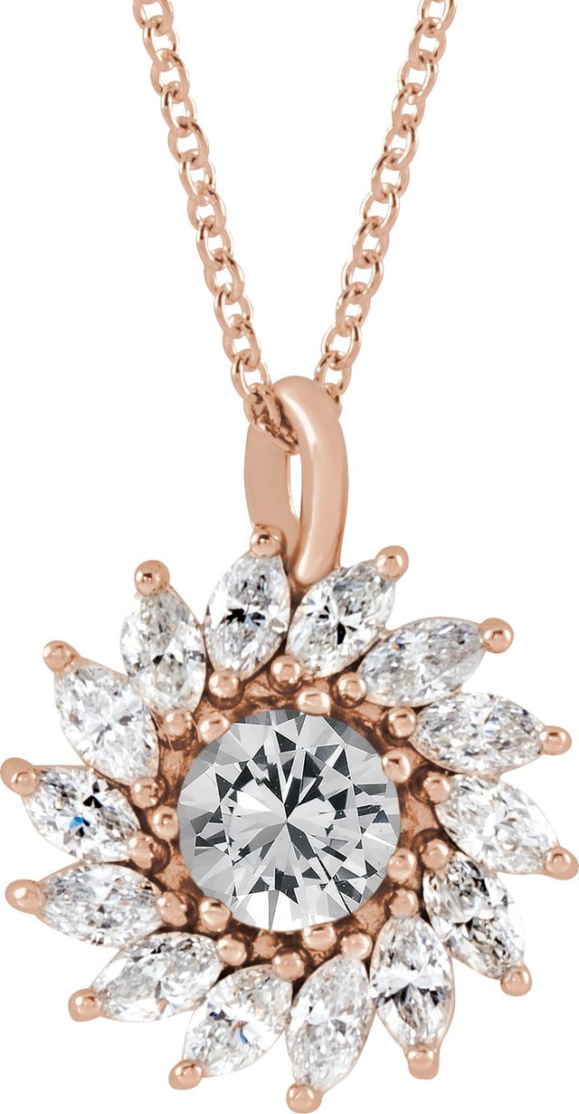 14K Gold Round Natural White Sapphire & Natural Diamond Halo-Style Necklace or Pendant – 3.5-6mm Stones - Rose Gold