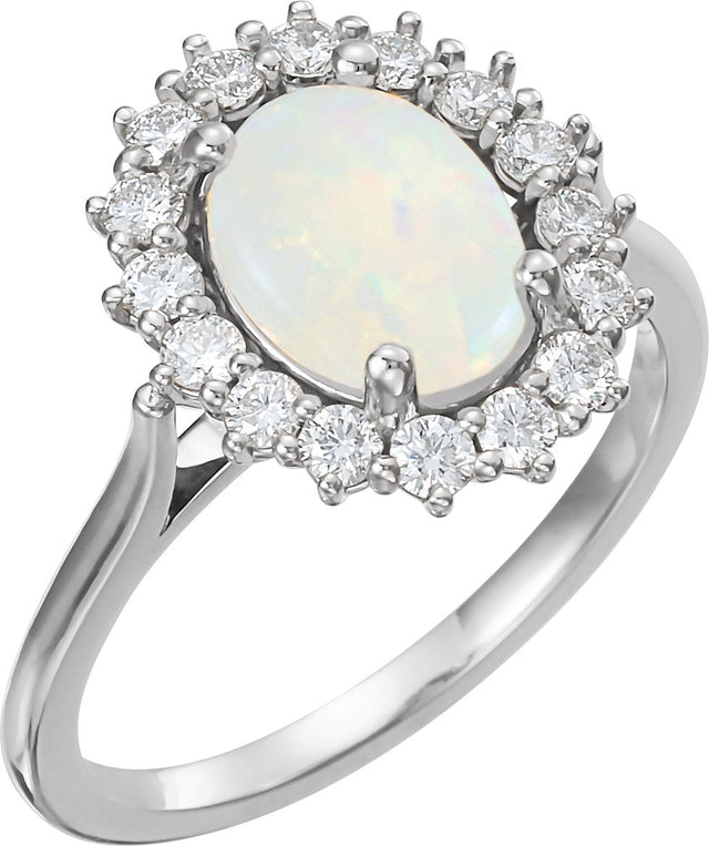 Platinum Oval Natural White Opal & Natural Diamond Halo-Style Cabochon Ring – 9x7mm