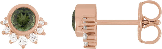 14K Gold Round Natural Green Tourmaline & Natural Diamond Accented Earrings - Rose Gold