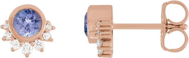 14K Gold Round Natural Tanzanite & Natural Diamond Accented Earrings - Rose Gold