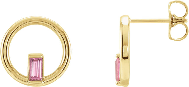 14K Gold Straight Baguette Natural Pink Tourmaline Baguette Circle Earrings - Yellow Gold