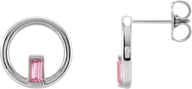 Platinum Straight Baguette Natural Pink Tourmaline Baguette Circle Earrings