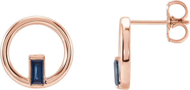 14K Gold Straight Baguette Natural Blue Sapphire Baguette Circle Earrings - Rose Gold