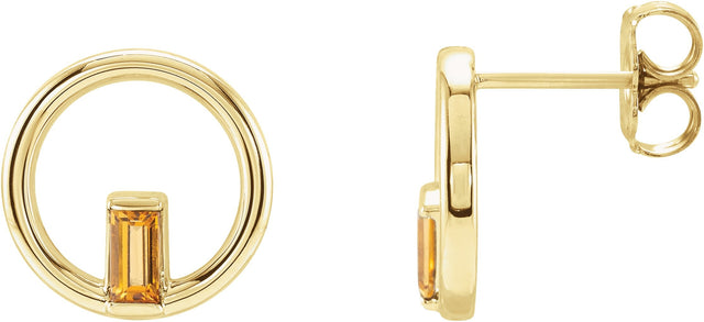 14K Gold Straight Baguette Natural Citrine Baguette Circle Earrings - Yellow Gold