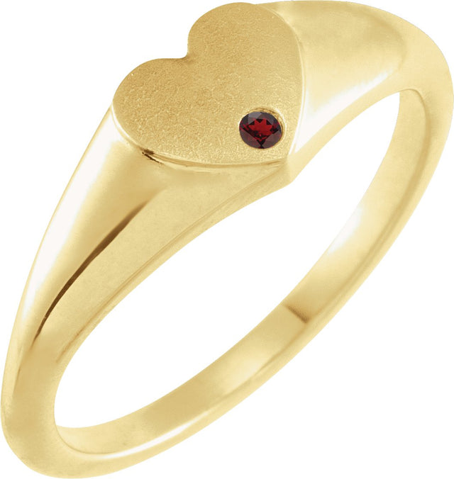 14K Gold Round Natural Mozambique Garnet Heart Signet Ring - Yellow Gold