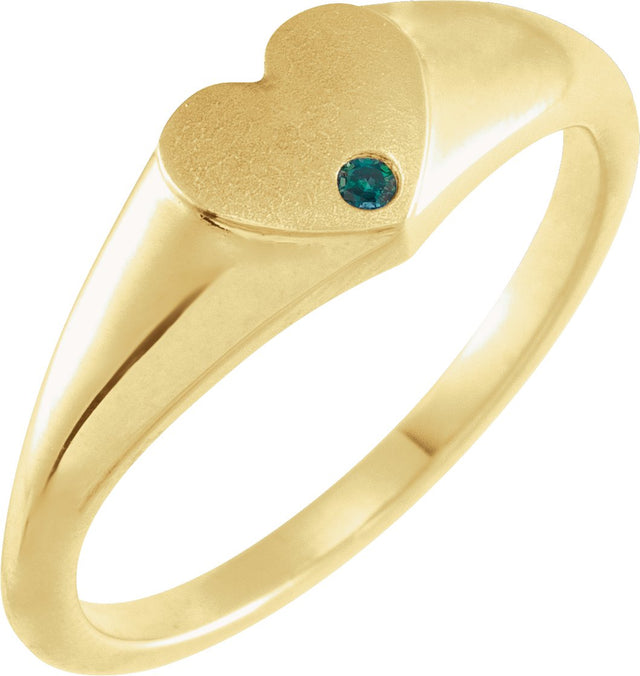 14K Gold Round Natural Alexandrite Heart Signet Ring - Yellow Gold